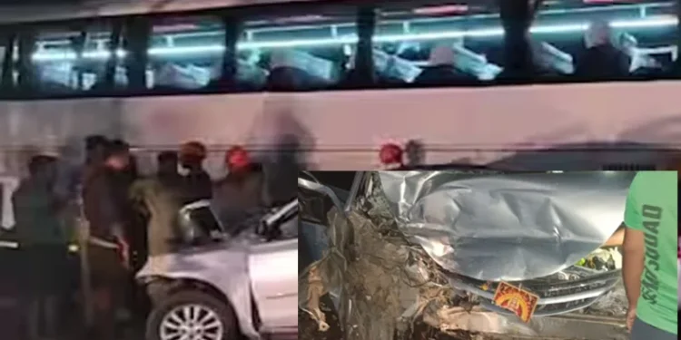 കൊല്ലത്ത്-ശബരിമല-തീർത്ഥാടകർ-സഞ്ചരിച്ച-കാറും-ടൂറിസ്റ്റ്-ബസും-കൂട്ടിയിടിച്ചു;-2-പേർ-മരിച്ചു,-3-പേർക്ക്-പരിക്ക്