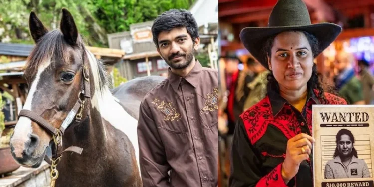 കൗബോയികളായി-ഇന്ത്യയുടെ-ചെസ്-താരങ്ങള്;-കൗബോയ്-തൊപ്പി-ധരിച്ച്-ഹംപി,-കുതിരപ്പുറത്തേറി-ഗുകേഷും-വൈശാലിയും-അര്ജുന്-എരിഗെയ്സിയും