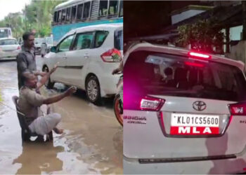 സ്വന്തം-മണ്ഡലത്തിലെ-കുഴിയിൽ-വീണ്-കെപിഎ-മജീദ്-എംഎൽഎ;-കാർ-വലിച്ചു-കയറ്റിയത്-നാട്ടുകാർ,-നടുറോഡിൽ-കസേരയിട്ടിരുന്ന്-പ്രതിഷേധം