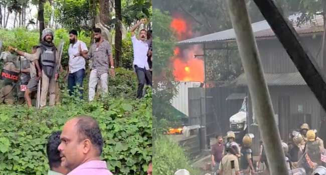 അറവ്-മാലിന്യ-സംസ്കരണശാലയ്ക്കെതിരെ-നടത്തിയ-ജനകീയ-സമരം-അക്രമാസക്തം,-ഫാക്ടറിക്ക്-തീയിട്ട്-പ്രതിഷേധക്കാർ,-റൂറൽ-എസ്പിയ്ക്ക്-നേരെ-കല്ലേറ്,-പ്രതിഷേധക്കാരെ-ഓടിക്കാൻ-ഗ്രനേഡ്-പ്രയോഗിച്ച്-പോലീസ്