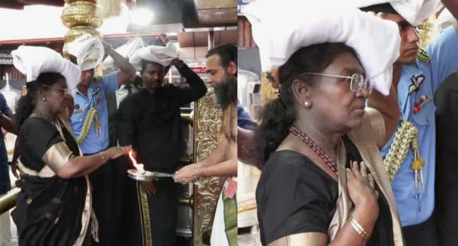 ഇരുമുടിക്കെട്ടുമായി-പതിനെട്ടാം-പടി-കയറി;-പൂർണകുംഭം-നൽകി-സ്വീകരിച്ച്-തന്ത്രി;-അയ്യനെ-കണ്ട്-മനം-നിറഞ്ഞ്-രാഷ്ട്രപതി