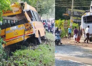 വിദ്യാർഥിയെ-കയറ്റാൻ-നിർത്തിയ-സ്കൂൾ-ബസിനു-പിന്നിൽ-ശബരിമല-തീർഥാടകർ-സഞ്ചരിച്ച-വാഹനം-ഇടിച്ചു!!-ബസ്-ഓടയിലേക്കു-മറിഞ്ഞു,-നിയന്ത്രണംവിട്ട-തീർഥാടക-വാഹനം-സമീപത്തെ-കടയിലേക്ക്-ഇടിച്ചുകയറി,-ഒരാൾ-റോഡിലേക്ക്-തെറിച്ചുവീണു,-നാലു-വിദ്യാർഥികൾക്ക്-പരുക്ക്
