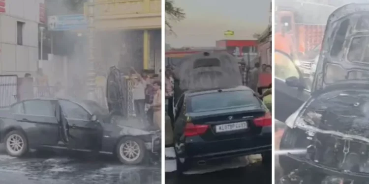 കുന്നംകുളത്ത്-ബിഎംഡബ്ല്യു-കാർ-കത്തിനശിച്ചു;-മണികണ്ഠനും-കുടുംബവും-രക്ഷപ്പെട്ടത്-അത്ഭുതകരമായി