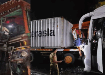 പൊലീസുകാർ-സഞ്ചരിച്ച-ബസ്-കണ്ടെയ്‌നർ-ലോറിയുമായി-കൂട്ടിയിടിച്ചു,-നിരവധി-പേർക്ക്-പരിക്ക്