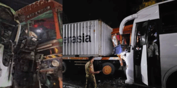 പൊലീസുകാർ-സഞ്ചരിച്ച-ബസ്-കണ്ടെയ്‌നർ-ലോറിയുമായി-കൂട്ടിയിടിച്ചു,-നിരവധി-പേർക്ക്-പരിക്ക്